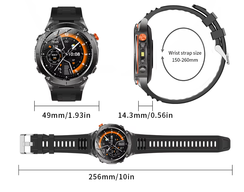 EY101 Men Outdoor Sport GPS Smartwatch 1.43" AMOLED Flashlight Heart Rate Blood Oxygen 30M Waterproof Smart Watch
